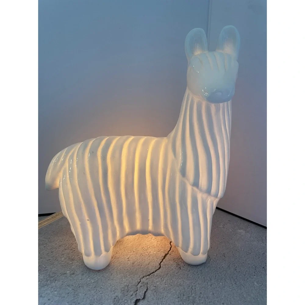 Vintage MCM Fabbri Art Style White Ceramic Llama Accent Lamp Alpaca Light